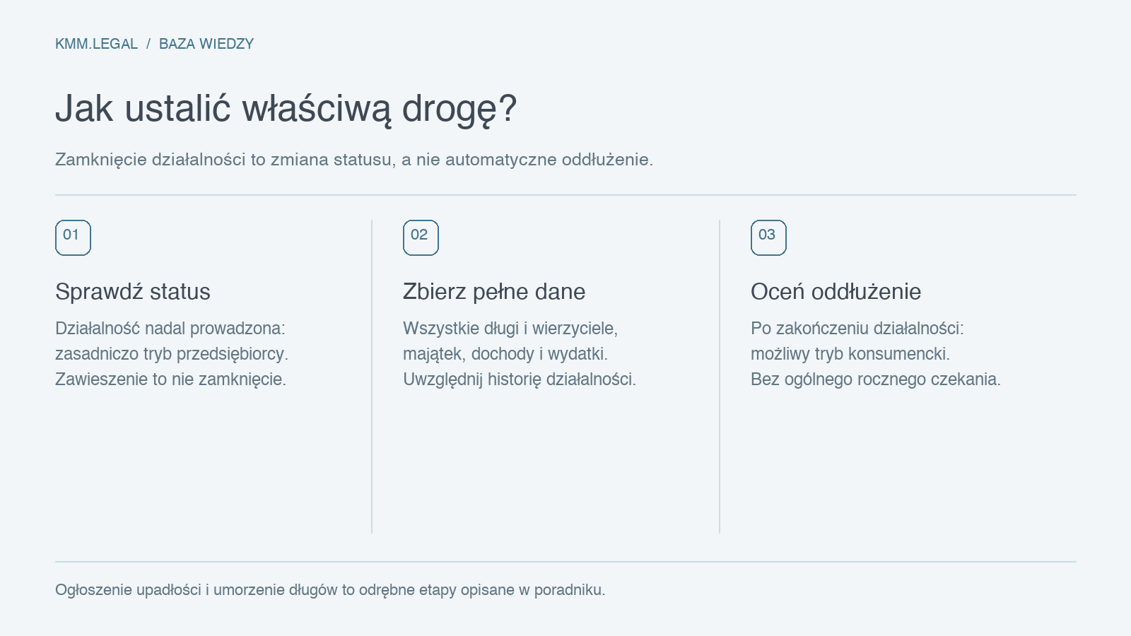 Wybór procedury: ustal, czy działalność jest nadal prowadzona, zbierz dane o wszystkich długach i oceń warunki oddłużenia.