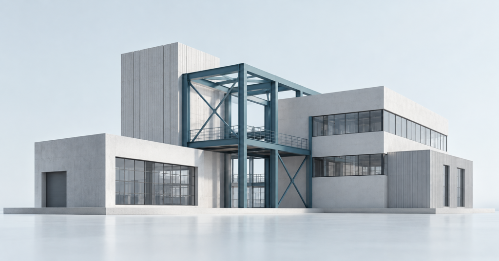 Architektoniczna ilustracja przedsiębiorstwa ze stalową konstrukcją — motyw naprawy i reorganizacji firmy.