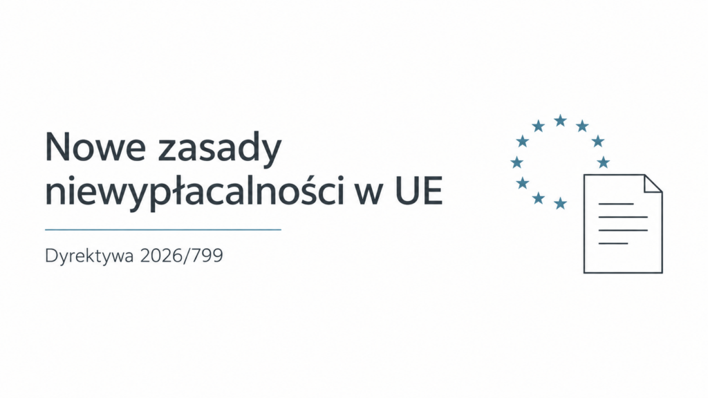 Nowe zasady niewypłacalności w UE — dyrektywa 2026/799, minimalistyczna grafika z dokumentem i motywem unijnym