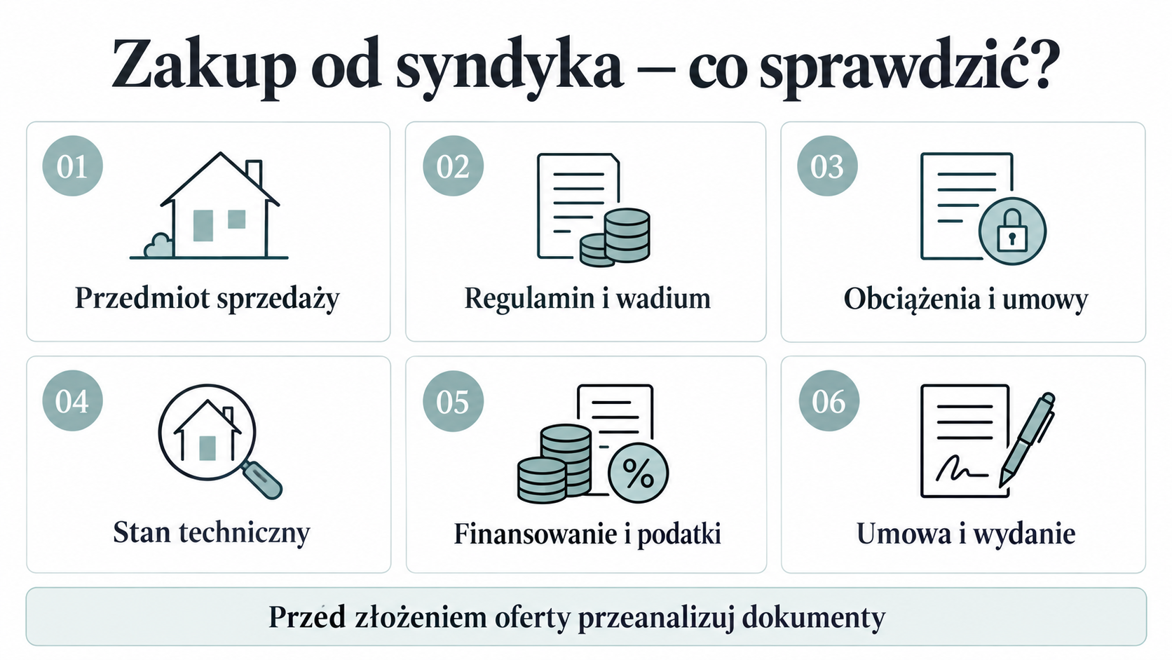 Zakup od syndyka — przedmiot sprzedaży, regulamin i wadium, obciążenia i umowy, stan techniczny, finansowanie i podatki, umowa i wydanie